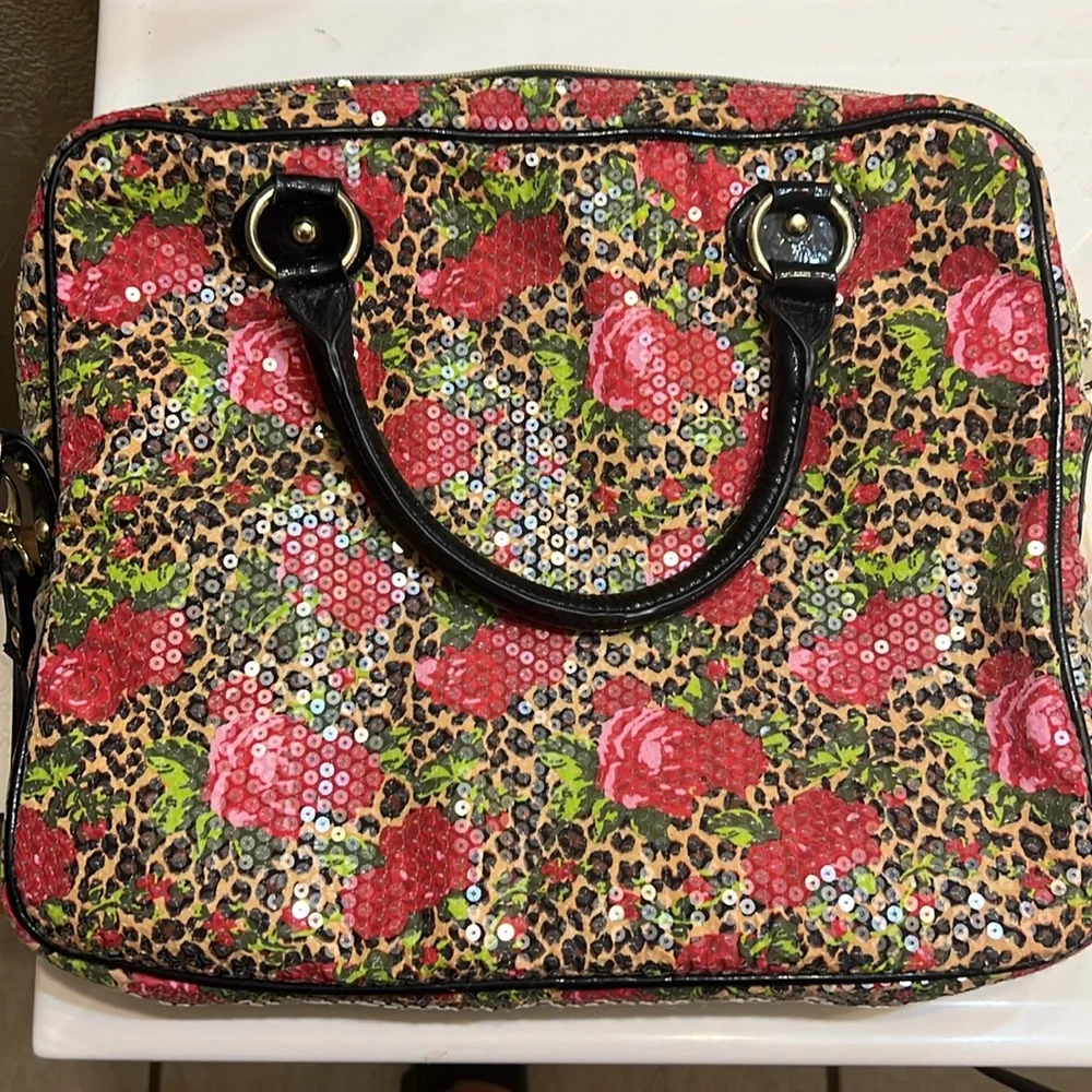 Betsey Johnson Floral Sequin Leopard Laptop Bag - Red, Black, Green